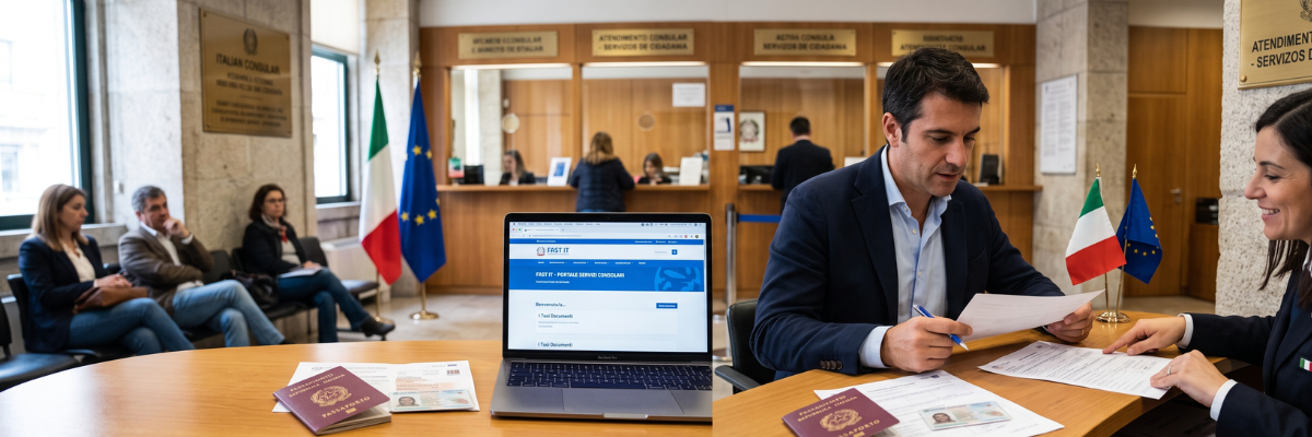Cidadão italiano consultando documentos para manter o AIRE atualizado e utilizar serviços consulares.